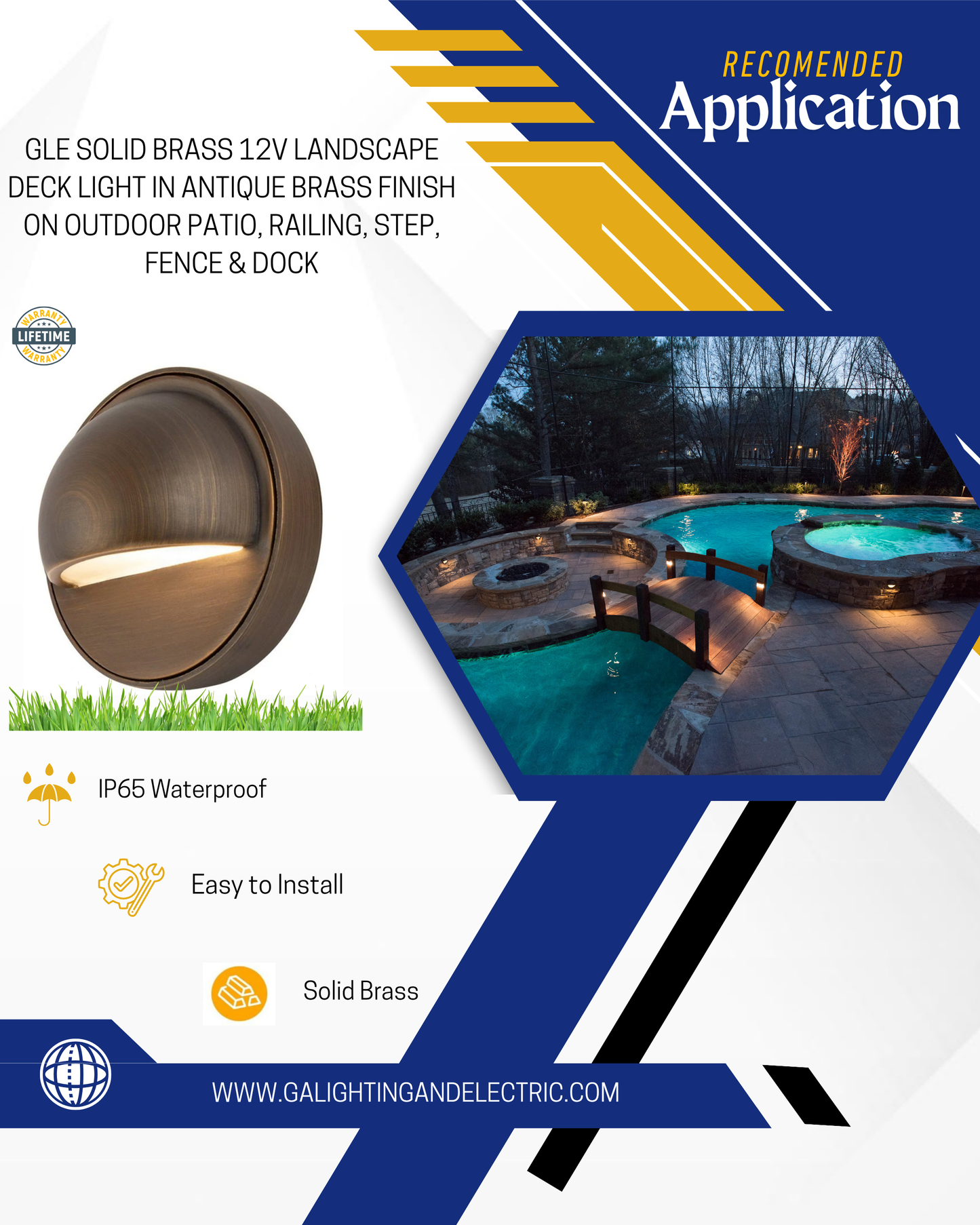 Solid Brass 12v Landscape Deck Light in Antique Brass Finish on Outdoor Patio, Railing, Step, Fence & Dock