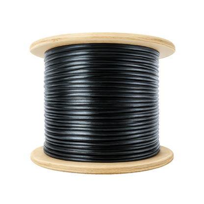500 foot Spool of 14/2 black cable used for low voltage landscape lighting on a wooden reel against a white background