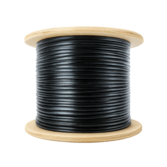 500 foot Spool of 14/2 black cable used for low voltage landscape lighting on a wooden reel against a white background