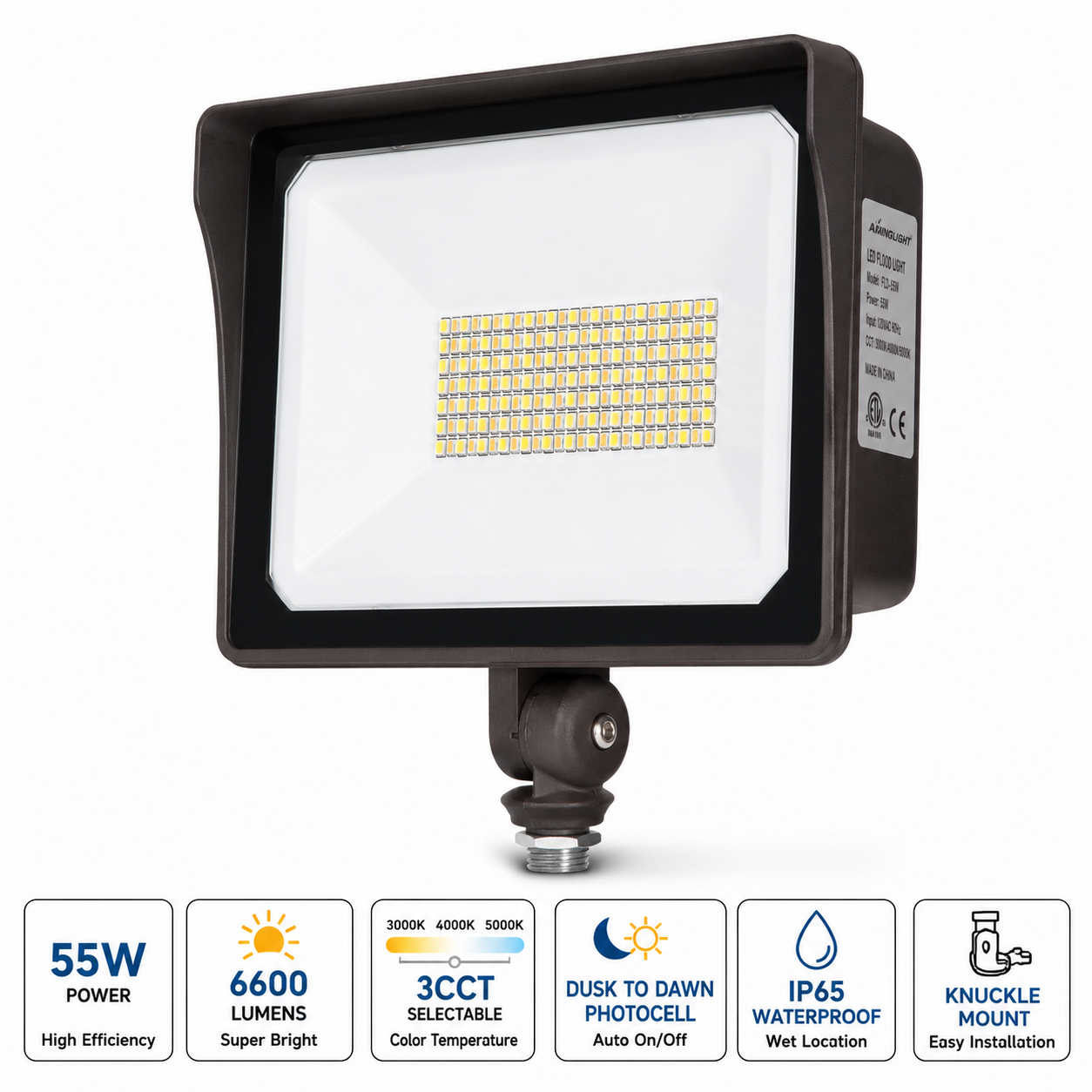 55W LED Flood Light with Photocell Dusk-to-Dawn Sensor | 3CCT Selectable 3000K/4000K/5000K | IP65 Waterproof Knuckle Mount Security Light