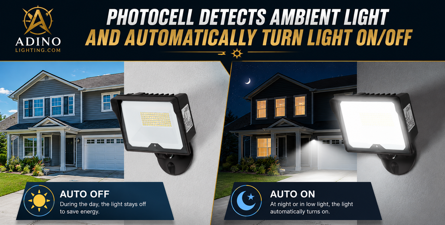 55W LED Flood Light with Photocell Dusk-to-Dawn Sensor | 3CCT Selectable 3000K/4000K/5000K | IP65 Waterproof Knuckle Mount Security Light