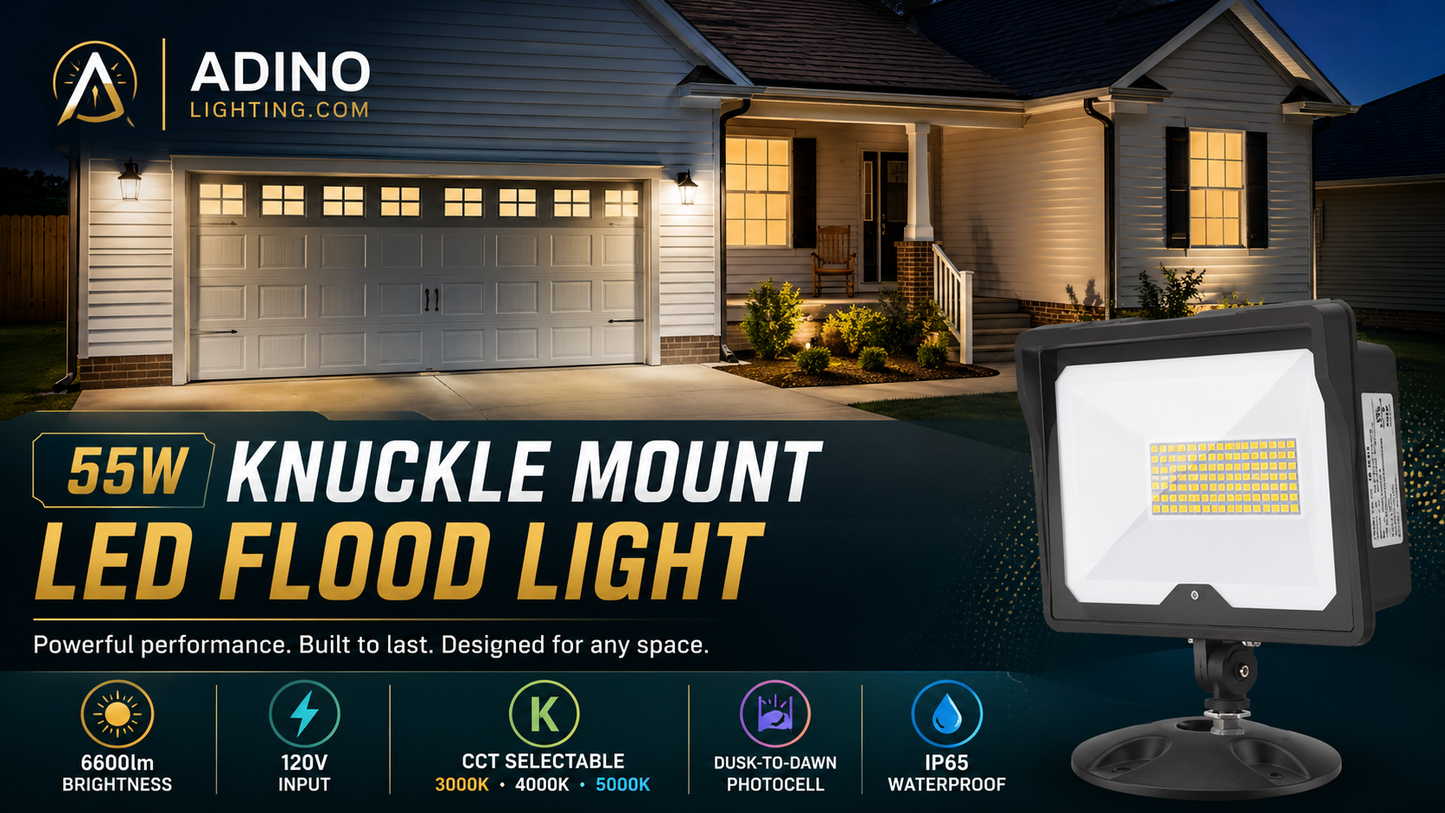 55W LED Flood Light with Photocell Dusk-to-Dawn Sensor | 3CCT Selectable 3000K/4000K/5000K | IP65 Waterproof Knuckle Mount Security Light