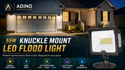 55W LED Flood Light with Photocell Dusk-to-Dawn Sensor | 3CCT Selectable 3000K/4000K/5000K | IP65 Waterproof Knuckle Mount Security Light