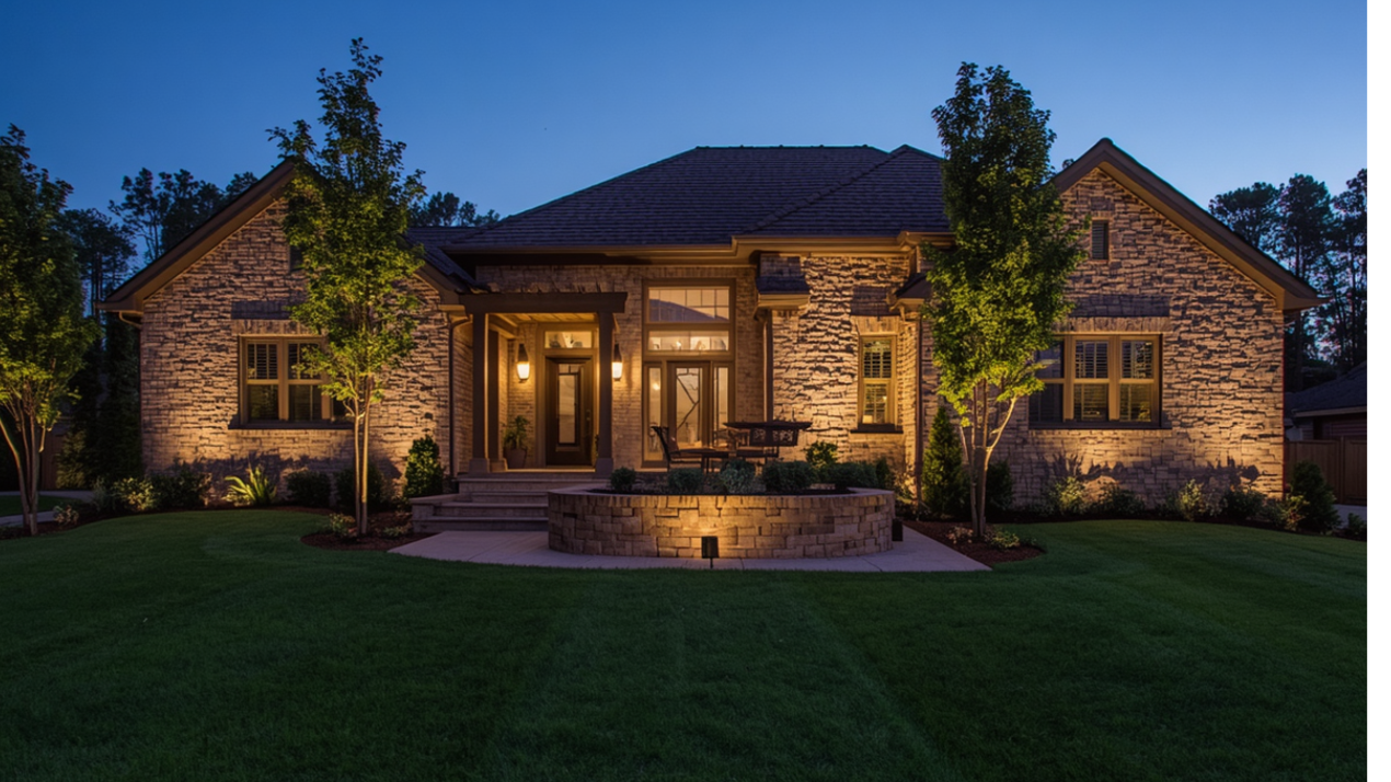 Stately stone house with landscape lighting and floodlights