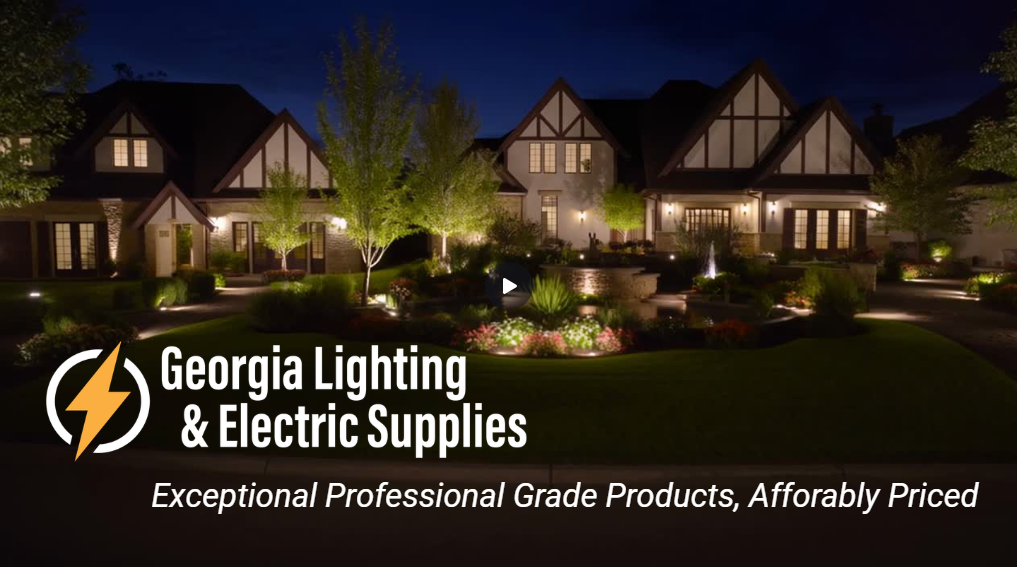 Load video: Georgia Lighting and Electric low voltage and electric supplier for the Atlanta area and across the United states, logo on a beautiful home with professional landscape lighting.