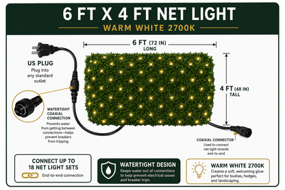 4' x 6' Professional LED Net Lights | 100 Warm White LEDs | 2700K | Contractor Grade