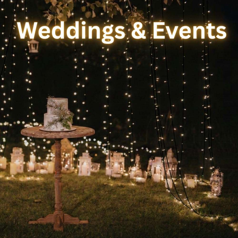Warm white LED wedding string lights decorating a table and tree with a classic glow.