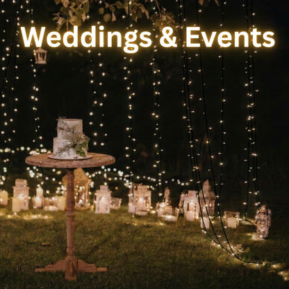 Warm white LED wedding string lights decorating a table and tree with a classic glow.