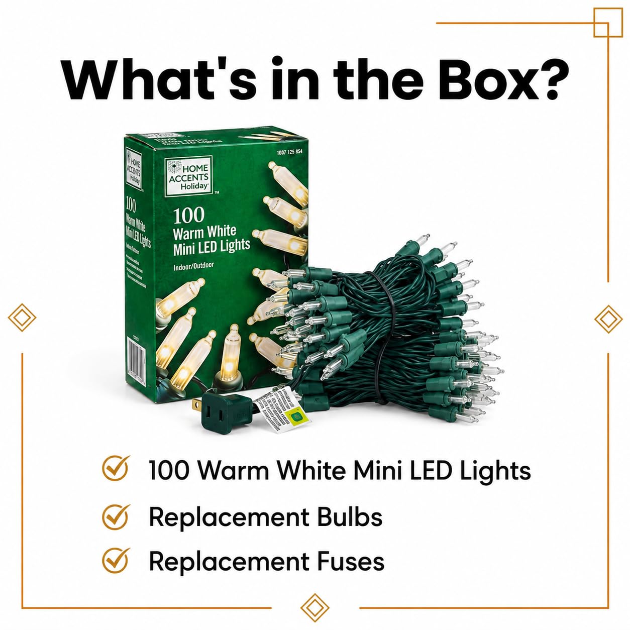Contents of the Home Accents Holiday case of 5 warm white LED Christmas string lights with five 100-count light sets.