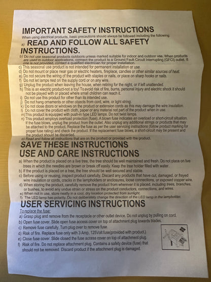 Product safety sheet for Home Accents Holiday warm white LED Christmas string lights.