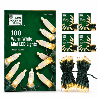 Home Accents Holiday warm white LED Christmas string lights case of 5 boxes with 100-count mini lights.