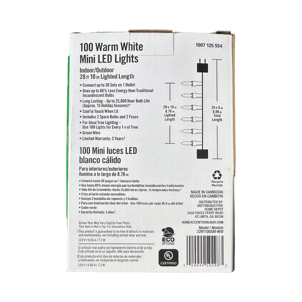 Back of the Home Accents Holiday warm white LED Christmas string lights packaging showing product details.