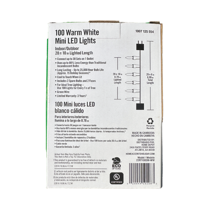 Back of the Home Accents Holiday warm white LED Christmas string lights packaging showing product details.