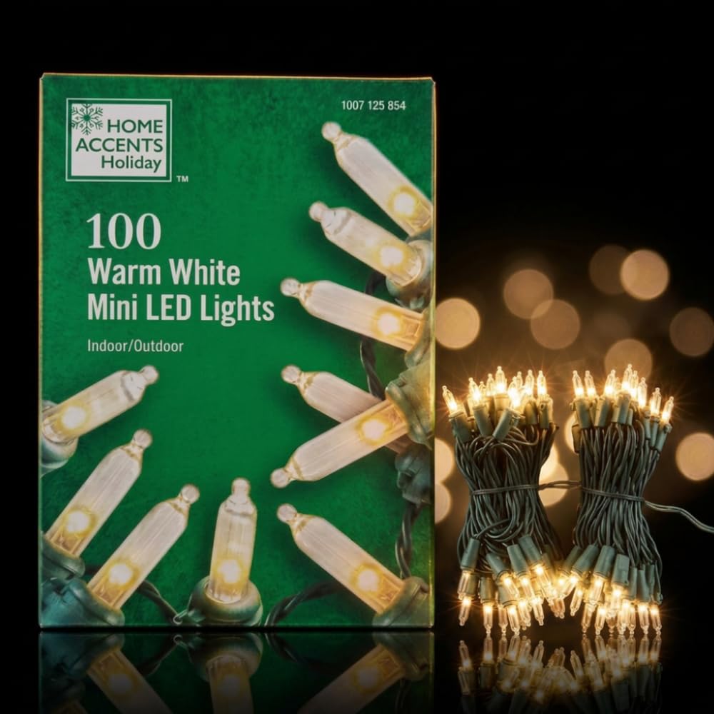 Front of the Home Accents Holiday warm white LED Christmas string lights retail box.