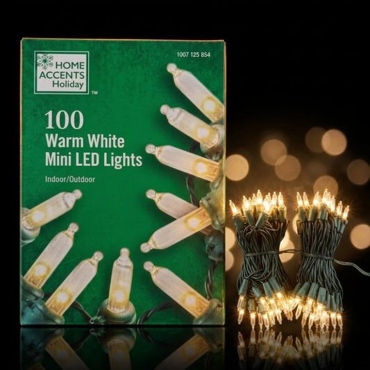 Front of the Home Accents Holiday warm white LED Christmas string lights retail box.