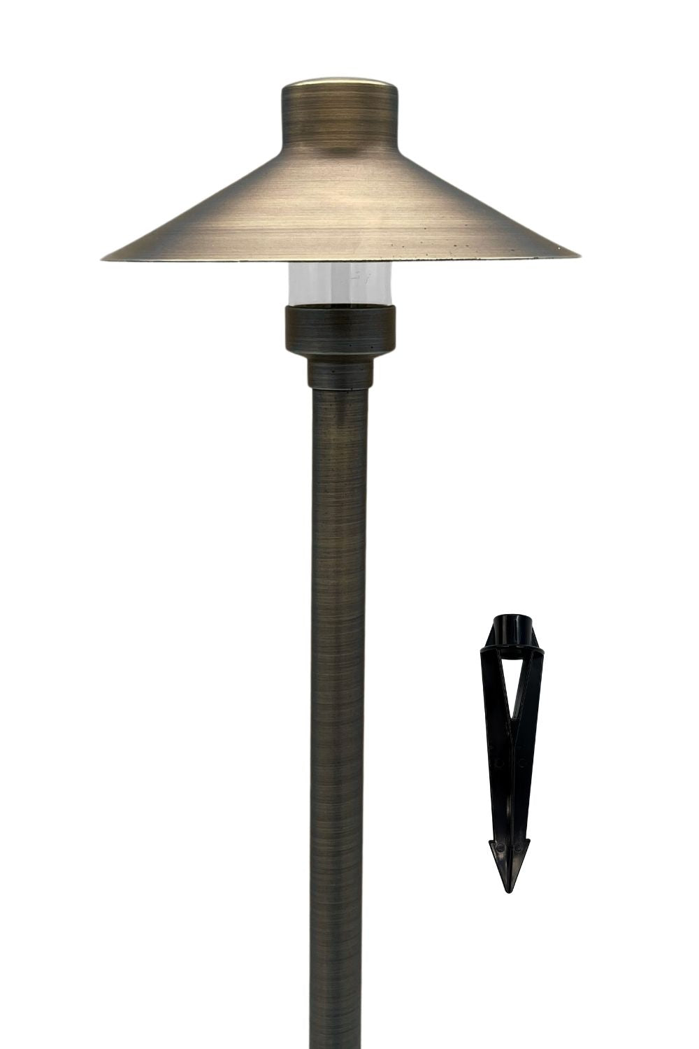 Outdoor low voltage landscape path lamp with shade and holder on a white background