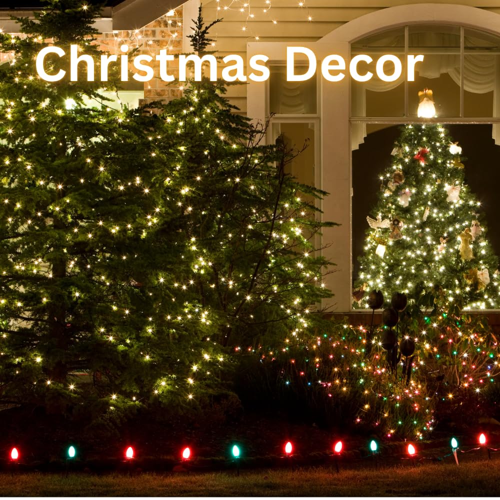 Warm white LED Christmas string lights decorating a Christmas tree with a classic holiday glow.