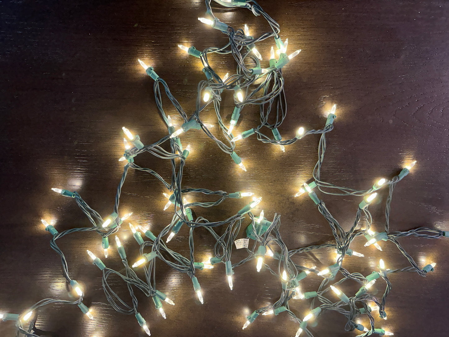 Warm white LED mini Christmas lights indoors.