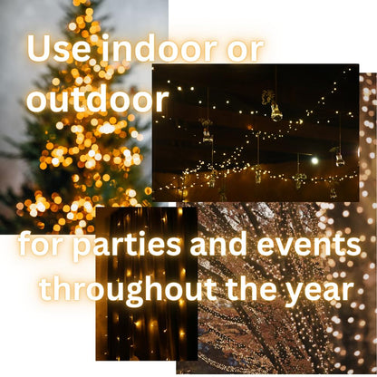 Warm white LED holiday string lights wrapped around outdoor shrubs for Christmas decorating.